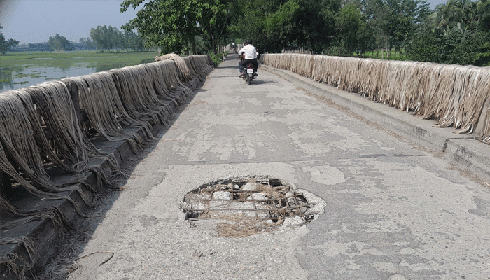 সরু সেতুর মাঝে গর্ত, ঝুঁকি নিয়ে চলাচল